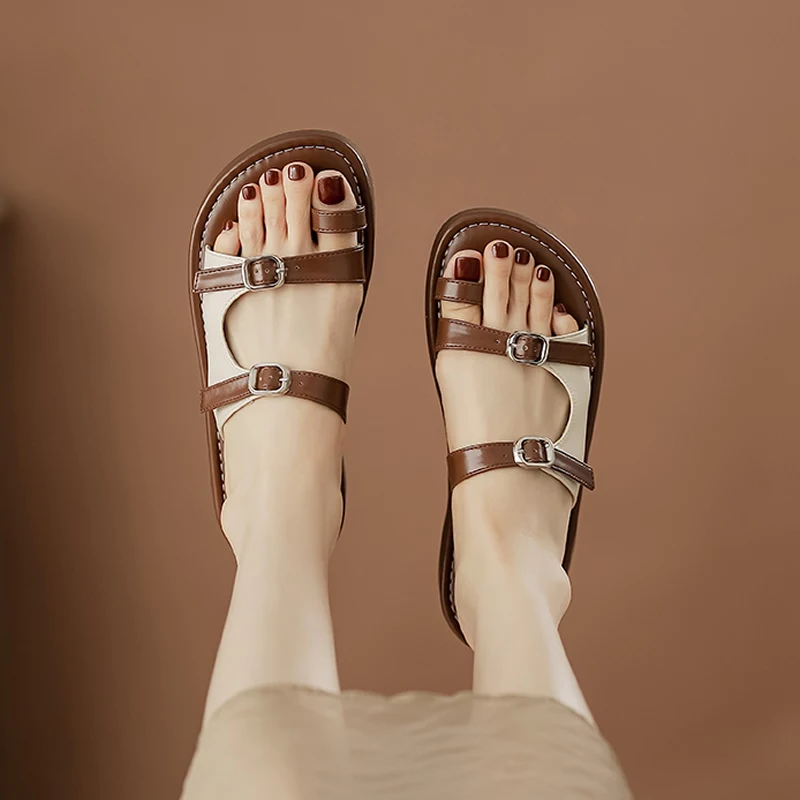 Net Brown Set Toe Slippers Women Wear 2024 Summer Ladies Belt Buckle Soft Leather Soft Sole Shoes Non-slip Flat Roman Sandals