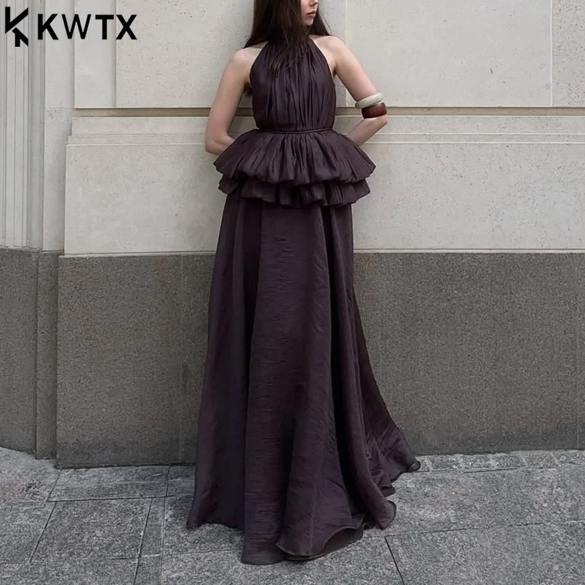 

KWTX Popularity 2026 Женский дизайнерский комплект из 2 предметов, вечерний вечерний комплект без рукавов, многоуровневый пышный топ с рюшами, юбка с высокой талией