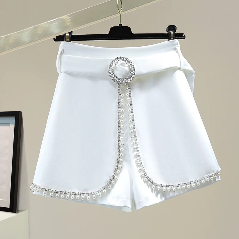 2025 Spring Summer New Simplicity Fashion Diamonds High Waist Shorts Women Clothes Fashion Patchwork Solid Color Wide Leg Pants