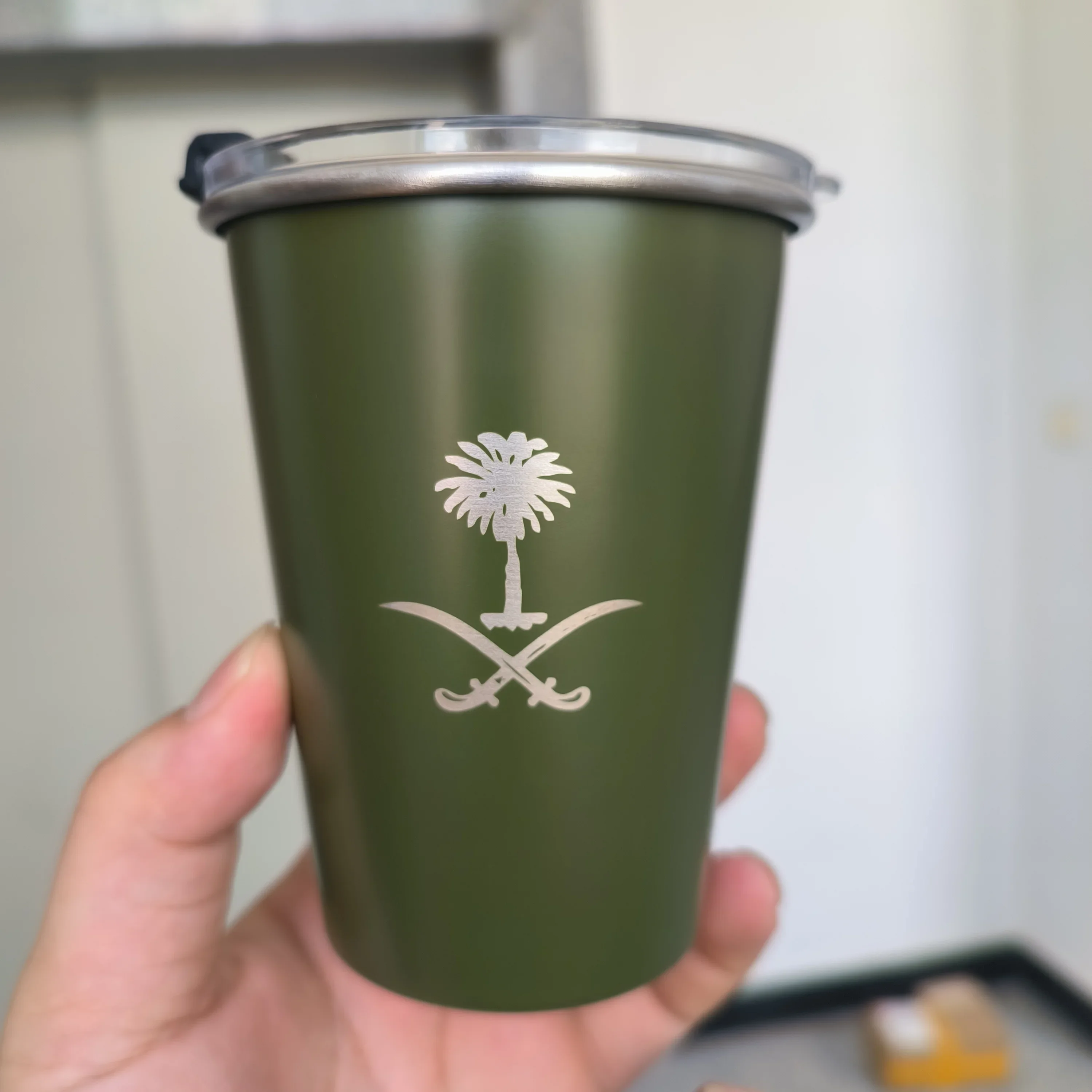 The national emblem of Saudi Arabia logo Simple design 304 Stainless Steel Beer Mug Outdoor Camping Coffee Mug Wholesale 345ml