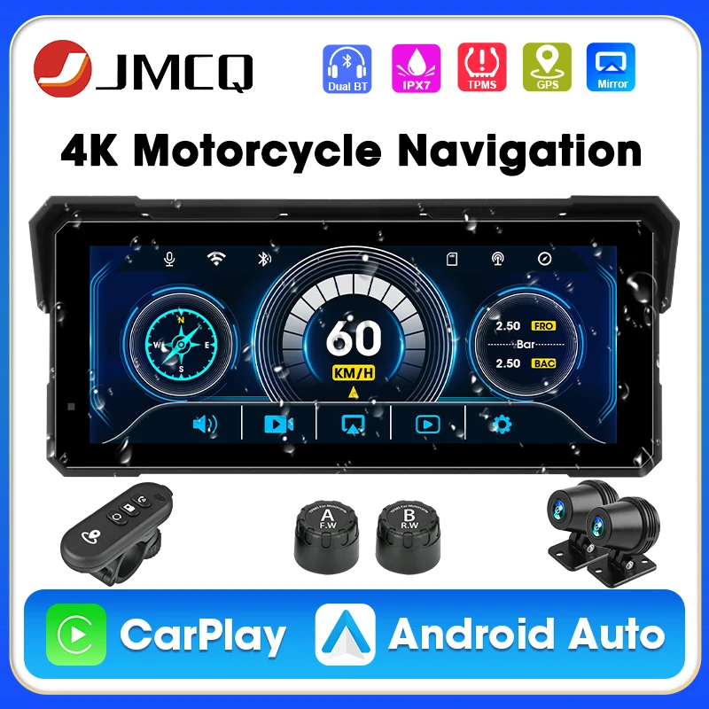 5/8.1 inch Motorcycle Carplay GPS Navigation 4K+1080P Dual Lens Moto DVR Wireless Carplay Android Auto IPX7 Waterproof Display