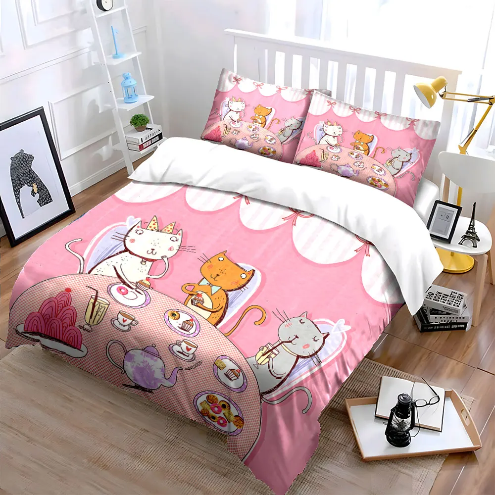 Cute cats' tea party Pattern Duvet Cover Set Digital Print Colorful Polyester Bedding with Zipper Closur for kids gifts