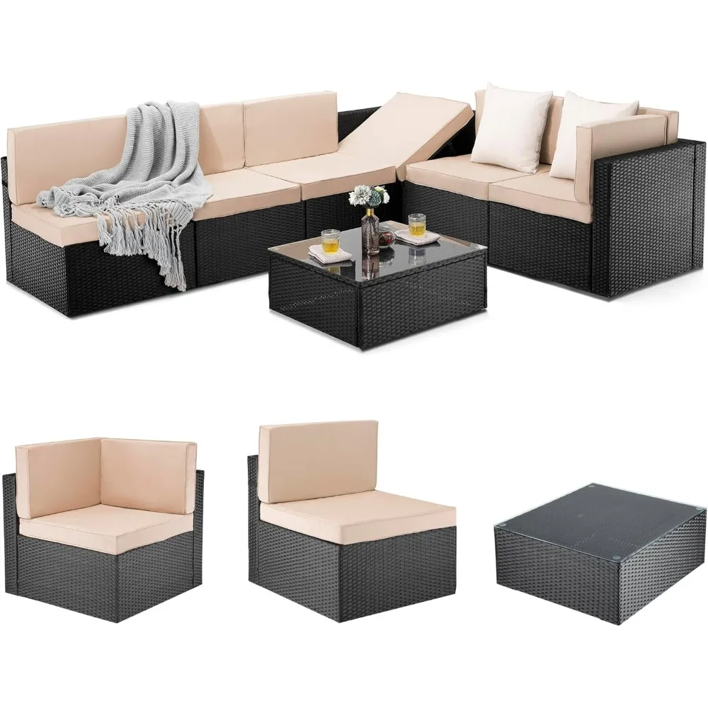 

7-piece outdoor furniture set, wicker patio modular furniture set, all-weather rattan sofa with coffee table