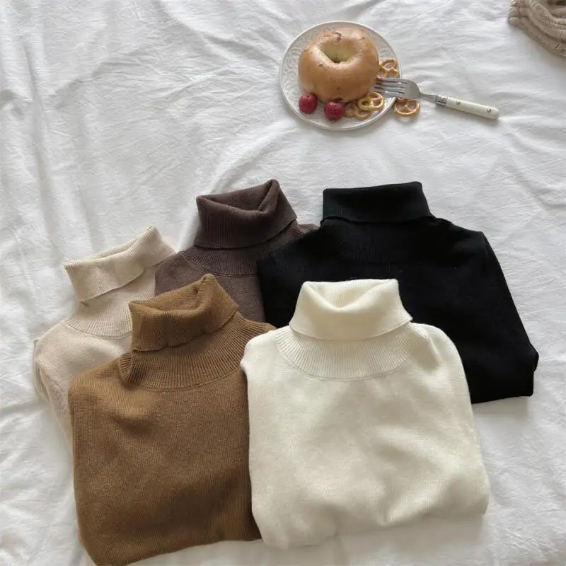 

2025 Boys Girls Autumn Winter Bottoming Shirts Solid Knitted Sweater High Neck Tops Soft Trendy Simple Long Sleeve Kids Clothing