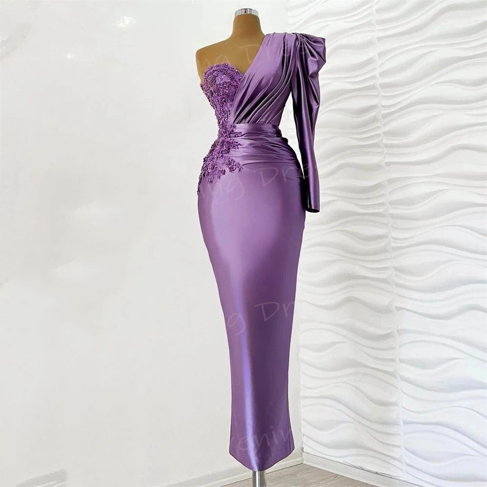 

Popular Purple Women's Mermaid Elegant Evening Dresses Charming One Shoulder Long Sleeve Prom Gowns Appliques Vestido De Noche