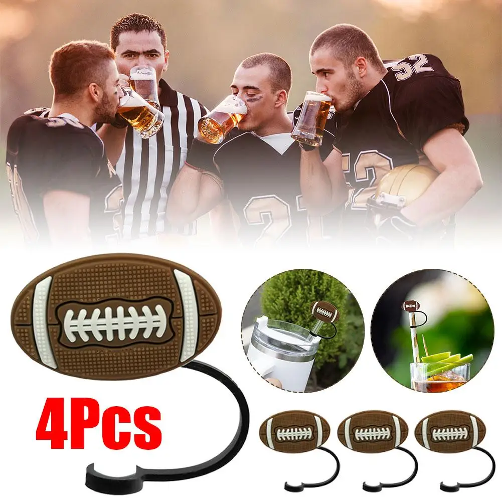 4 Pcs Cute Straw Covers Reusable Drinking Straw Tips Rugby Football Straw Plastic Straw Lids Basketball Cover Tips Caps P3G1