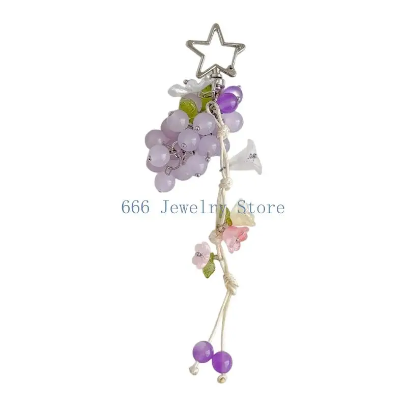F2TD Cute Grape Key Ring Charm with Star Clasp and Long Drop Design for Key Organization, Bag Styling and Journal Use