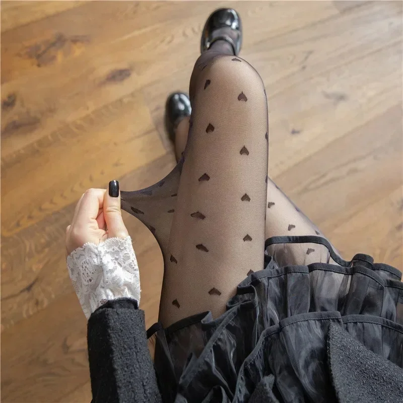 Exquisite Red Heart Print Silk Stockings Sweet Girls Christmas Gifts Nylon Tights Women Sexy Nightclub Female Alluring Hosiery