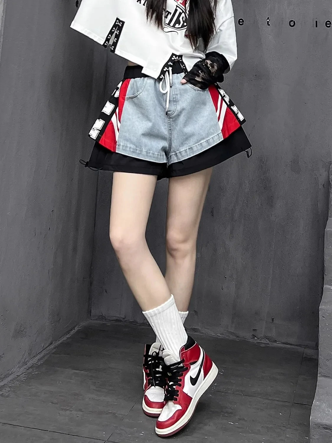 Gothic Womens Denim Shorts Skirt Harajuku Hip Hop Flag Graphic Retro Blue Baggy Shorts High Waist Slim Fit Mini Skirt