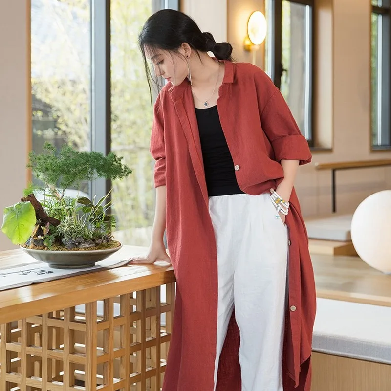 

Loose Thiened Hemp Cotton Cardigan Over-Knee Pure Color Versatile Autumn New Arrival Women's Commute Sle Long Sve Coat