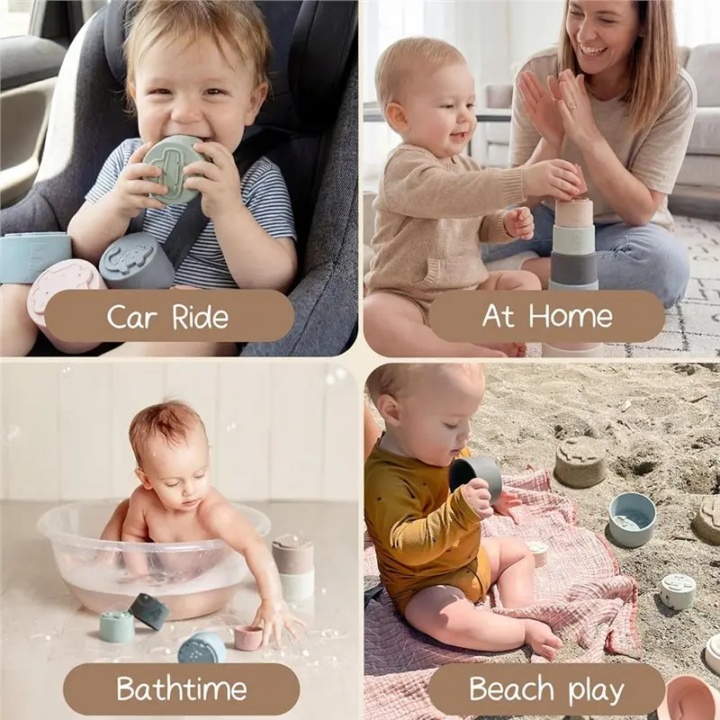 ABUM-Stacking Cups , Baby Educational Fun Silicone Soft Teething , 7 Piece Set For Ages 6+ Months