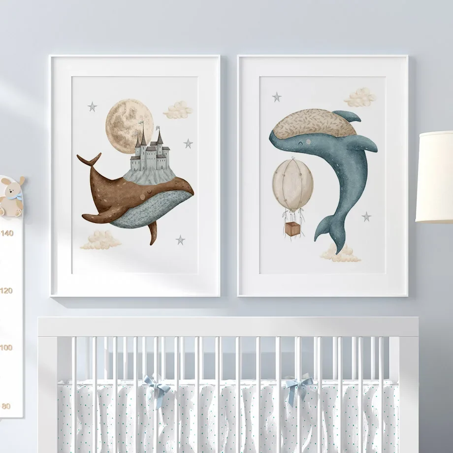 Whale Turtle Castle Balloon Nordic Nursery Wall Art Posters Art Prints Canvas Painting  Pictures Baby Kids Room Home Decoration