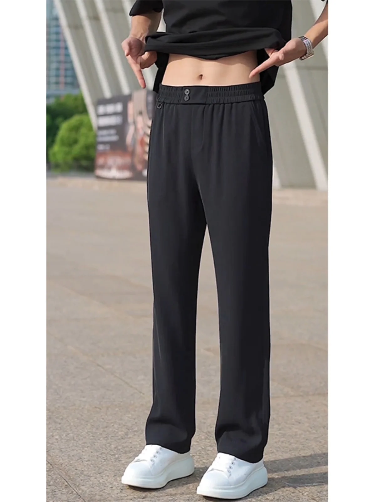 

Black Ice Silk Elastic Waist Men's Summer Straight Leg Casual Pants Loose Fit High Waist Long Pants Fashionable Youth Style