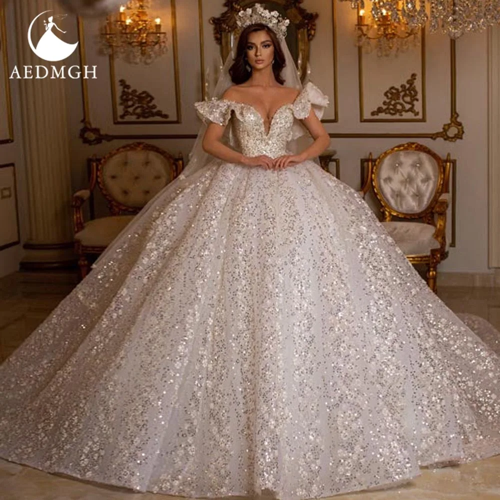 Aedmgh Ball Gown Royal Wedding Dresses Sweetheart Off The Shoulder Robe De Mariee Lace Sequined Shiny Custom Made Bridal Gown