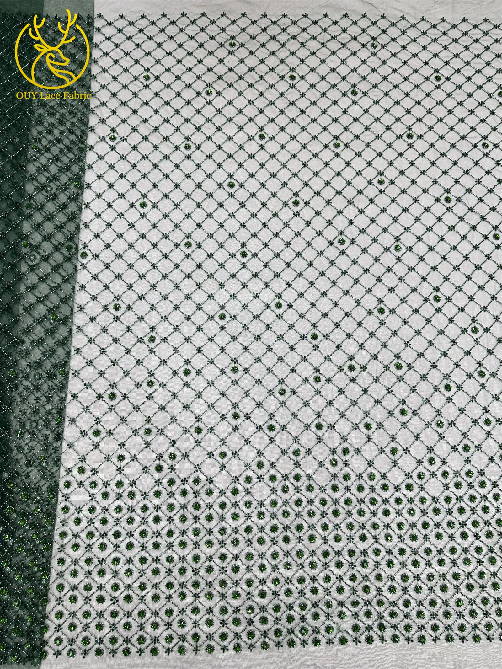 Smaragdgrüner Afrikanischer Tüll mit Perlen, Hochwertige Französische Pailletten-Spitze, Nigerianischer Mesh-Tüll für Hochzeitskleider – Detail 7