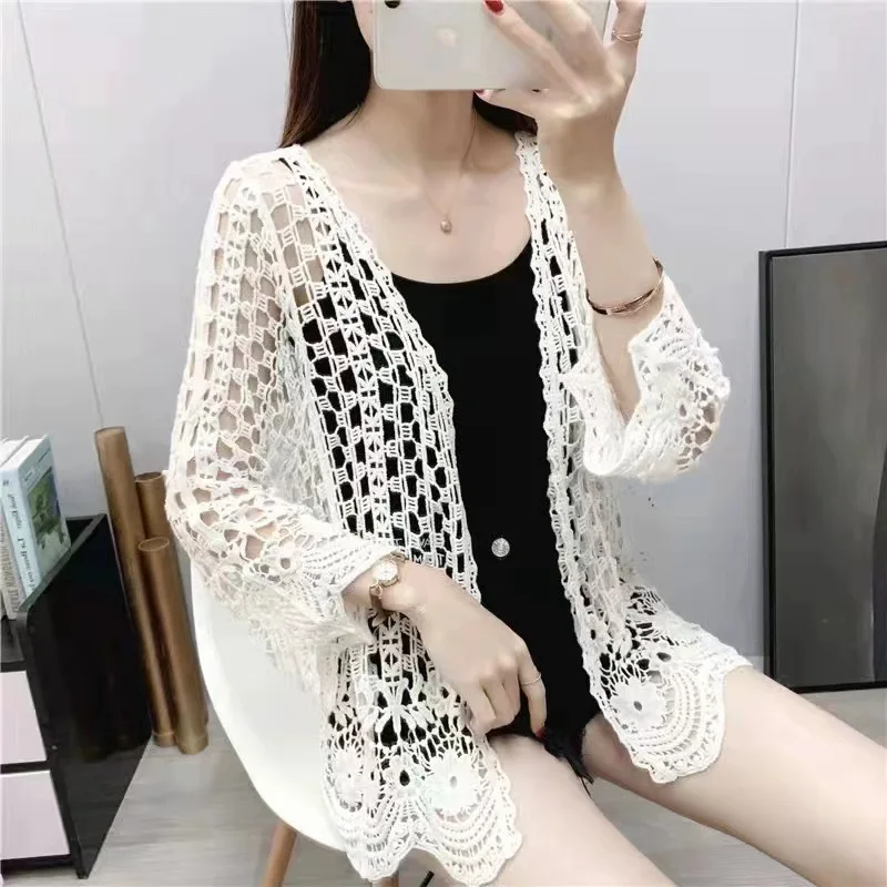 Boring Honey Spring Summer New Holiday Seaside Beach Coat Loose Thin Outside Cardigan Blouse Women's Knitted Hollow Shawl Blouse