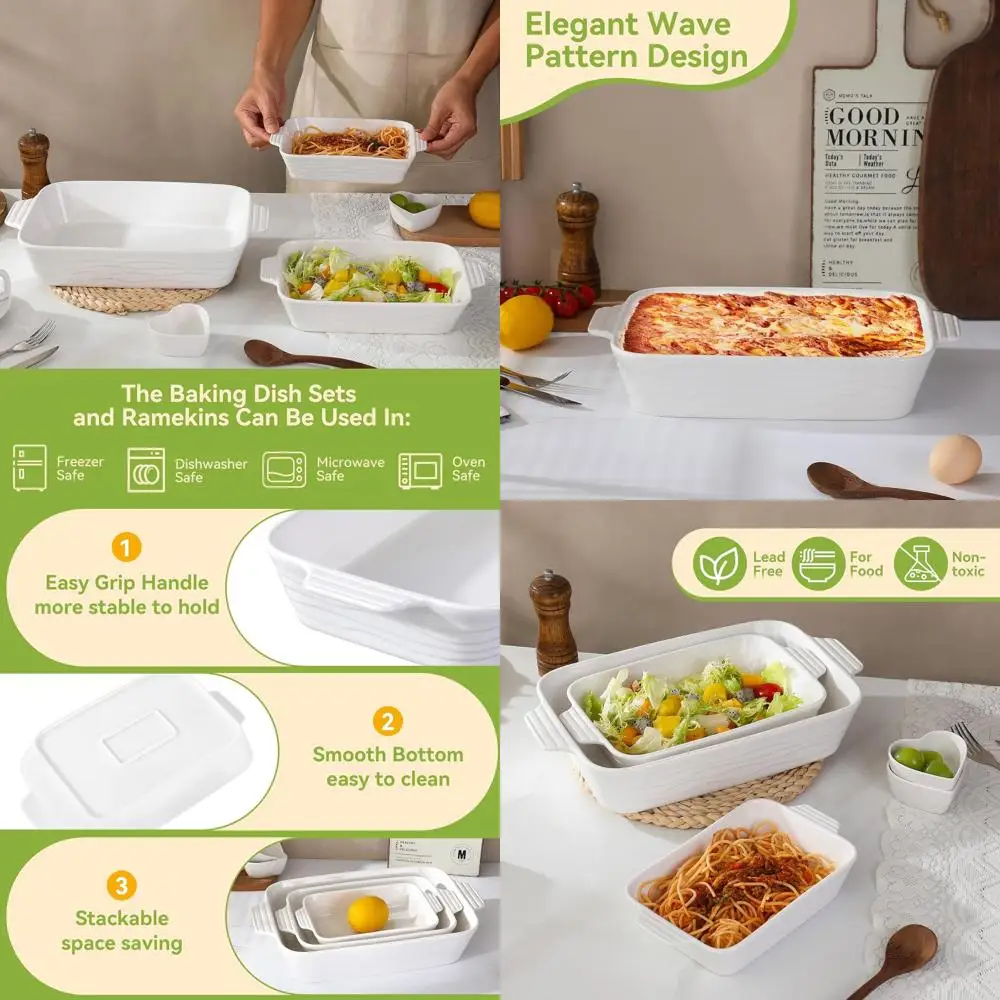 

Large Rectangular Ceramic Baking Dish Set with Ramekin, 9x12.8 Inches, Non-Stick for Casserole and Roasting, White
