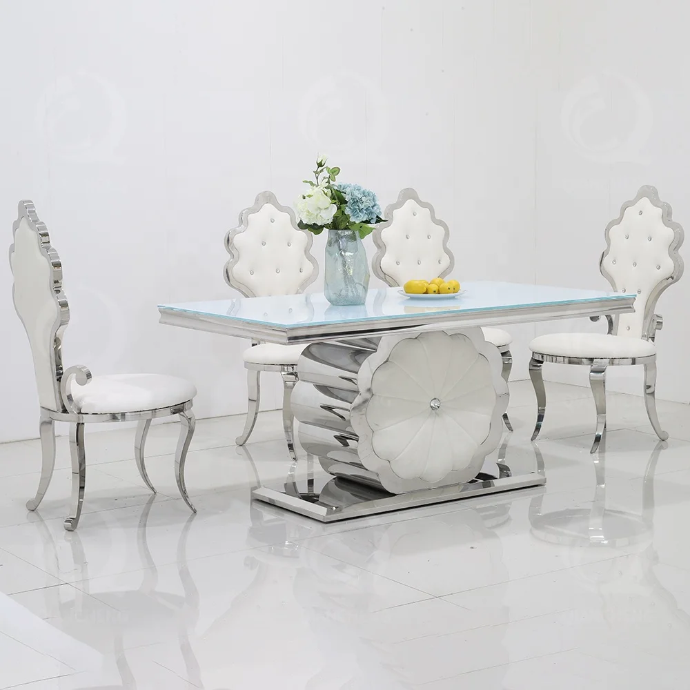 Modern flower stainless steel dinning table set dining room furniture with 8 chairs white gloss glass dining tables