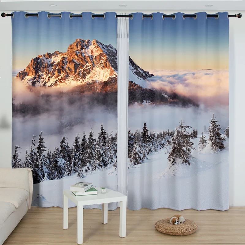 

2PC Beautiful Scenery Curtain Snow Mountain Forest River Printed Curtain for Bedroom Living Room Kitchen Shutters Blinds Window