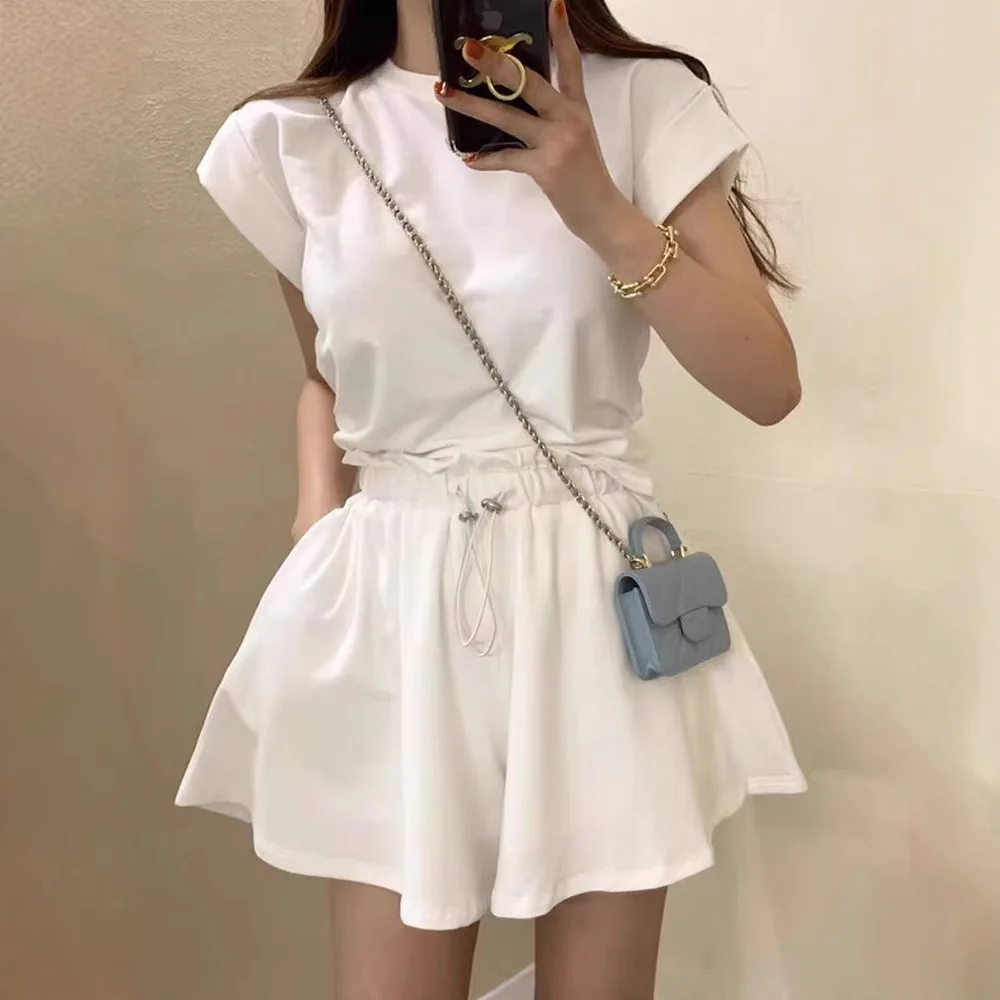 Summer Elegant Back Slit Short Sleeve T-Shirt Top with Drawstring Wide Leg Shorts Two Piece Set Polyester Fiber Ladies Fashion