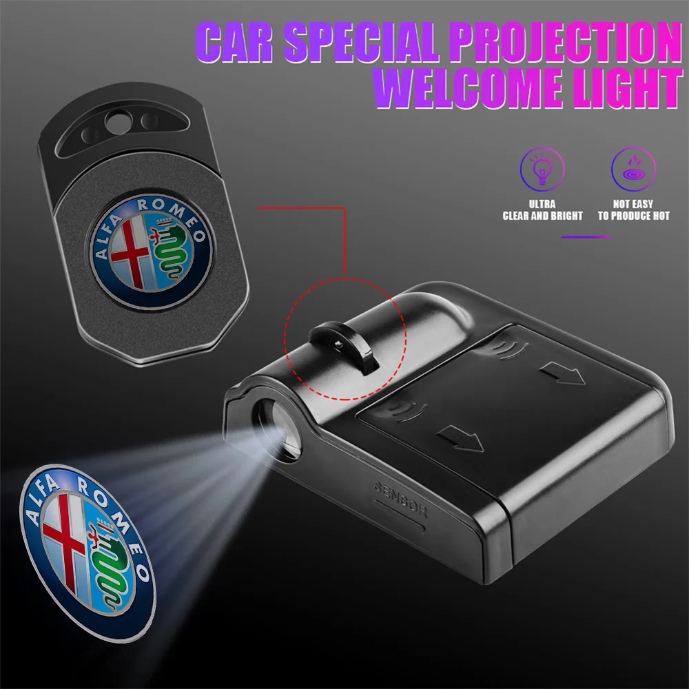 2Pcs Car Door HD Welcome Light Wireless Projector Induction Lamp Auto Accessories For Alfa Romeo Giulia Stelvio Giulietta 156