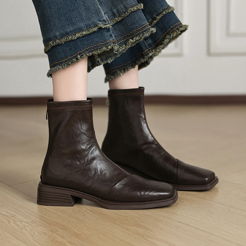 Spliced Square Toe Booties Fashion Back Zip Soft Sole Anti-Slip Wear-Resistant Block Heel Single