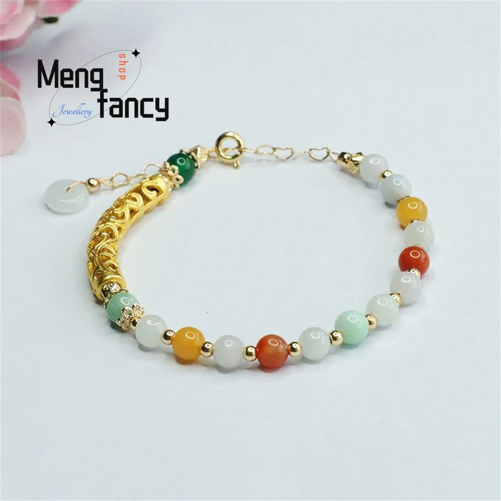 

Natural Jadeite Fortune and Longevity Colourful Jade Beads Half Bangle String Bracelet Exquisite Elegant High-grade Holiday Gift