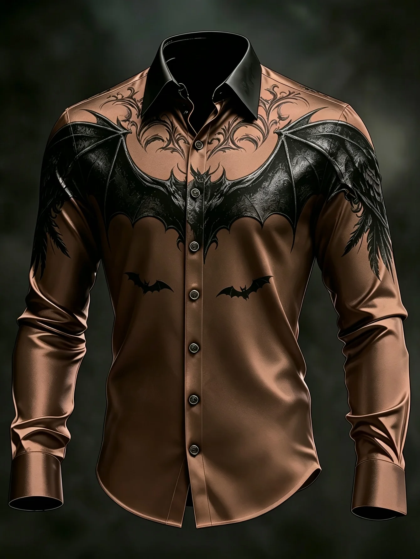 Men's Shirt Long Sleeve Halloween Devil Bat Wing Graphic Print Turn‑Down Collar Button Loose Casual Autumn Holiday Men Clothes