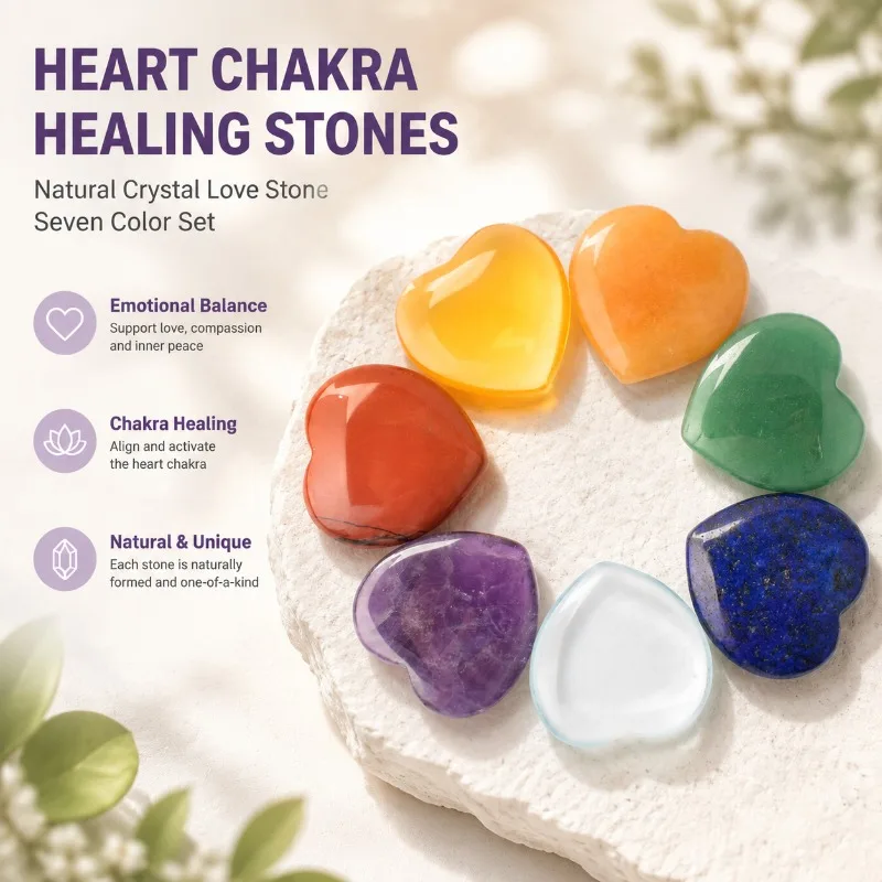 25mm Natural Raw Crystal Heart Ornament 7 Chakra Rainbow Healing Stone Polished Amethyst Love Gem Mineral Palm Statue for Yoga