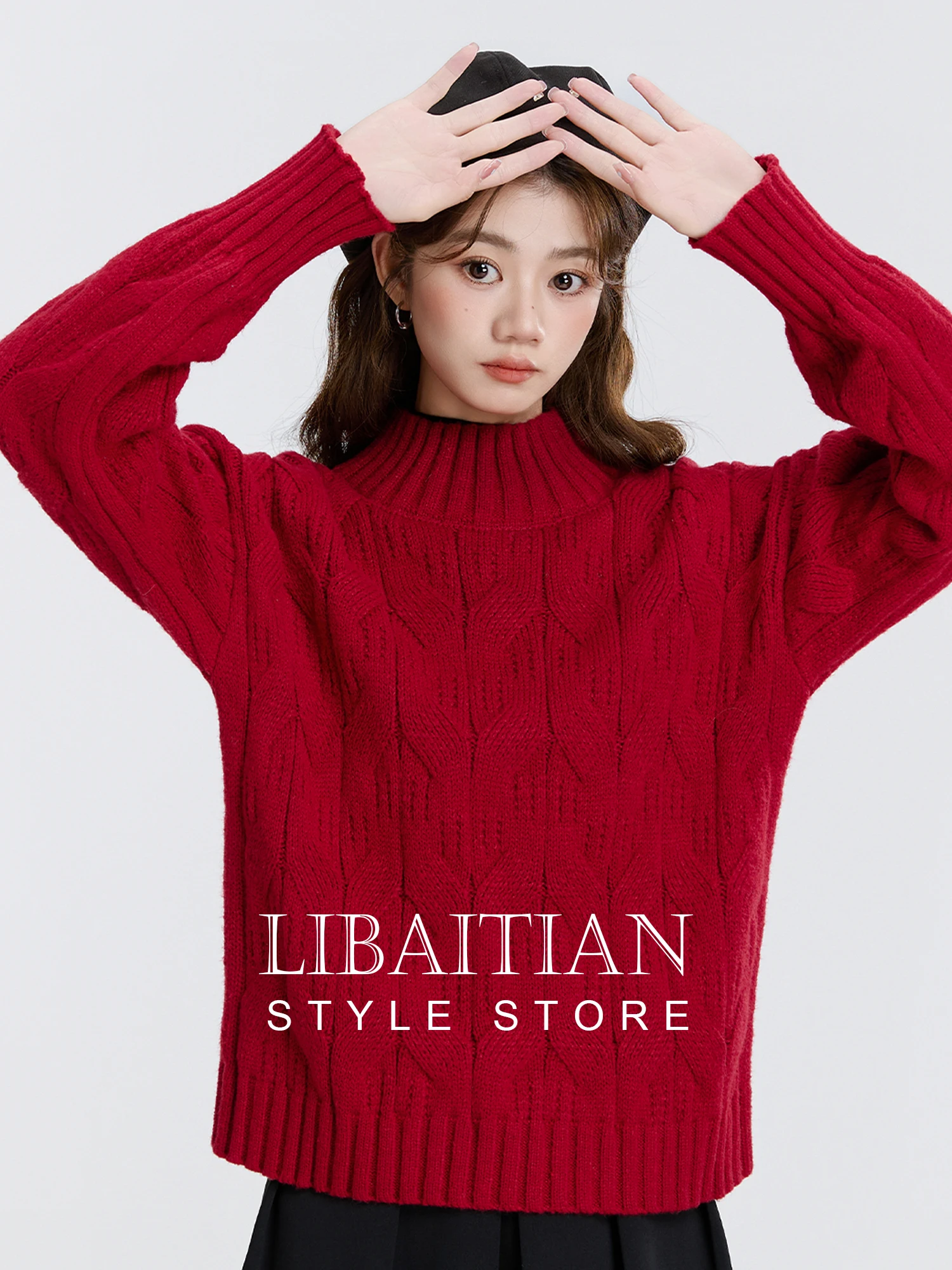 

Красный свободный вязаный свитер, женский круглый базовый слой, осень-зима, новый Sle Lazy Faion, повседневный удобный топ