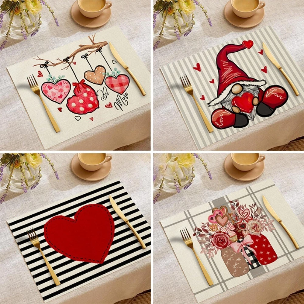 

4PCS Mats Rectangular Valentine Red Heart Placemats 30X45CM Romantic Dining Table Decor Heat Resistant Coasters Tableware Dining