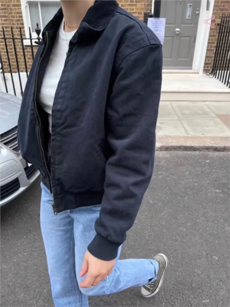 

Navy Corduroy Cropped Zipper Thick Coats Women Autumn Turn Down Collar Preppy Style Jacket Vintage Streetwear Chic Outerwear Y2K