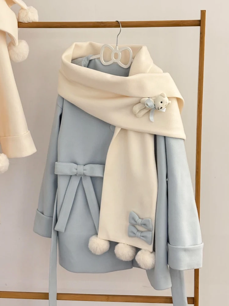 2025年冬新作 ベア柄スカーフ付き 雰囲気のある和風 ソフトガール ミドル丈 ウールコート 甘くて可愛いセット レディースファッション