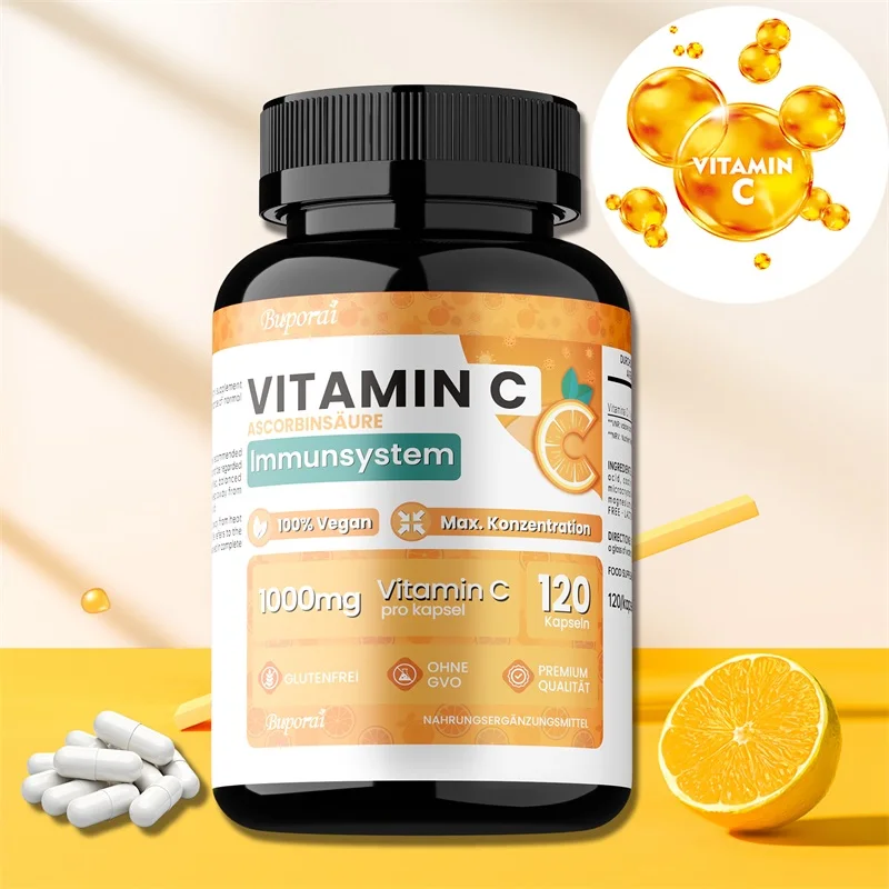 

Капсулы с витамином С по 1000 мг — поддерживает функцию иммунитета и обеспечивает антиоксидантные преимущества, способствующие здоровью костей, кожи и суставов.