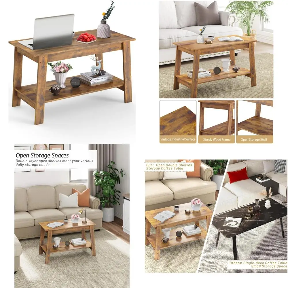 Mesa de centro rústica de madera para salón, oficina en casa y dormitorio con diseño rectangular abierto de 2 niveles