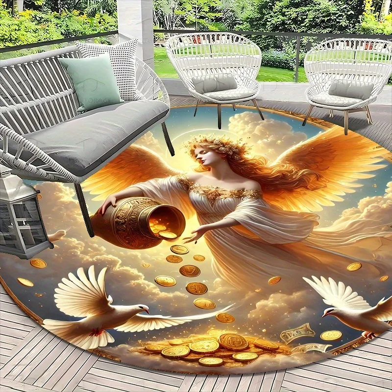 Angel and Dove Gold Coins Flannel-printed round floor mats are slip-resistant Suitable for living bedroom terrace garden carpets