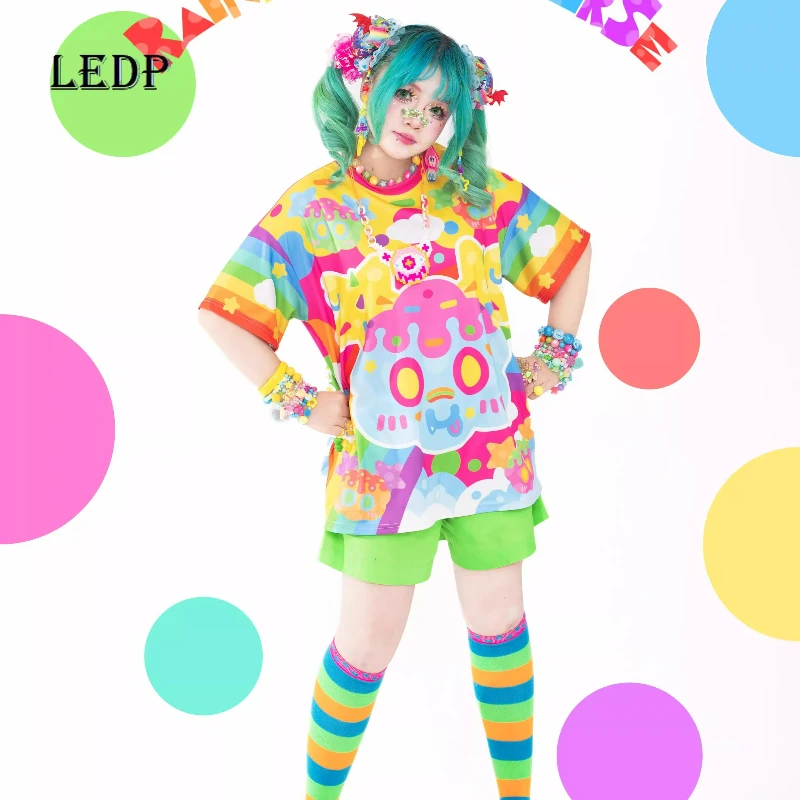 

Лето-Осенний топ с цветным принтом 202, оригинальные японские милые свободные короткие тонкие футболки с короткими рукавами, женские футболки большого размера