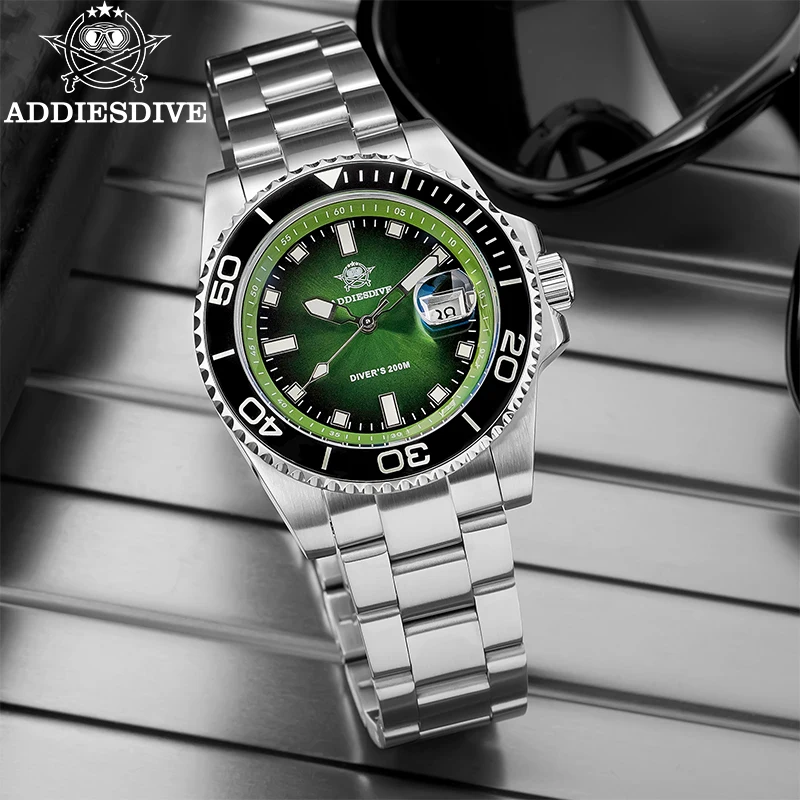 ADDIESDIVE Men 41mm Quartz Watch Ceramic Bezel Super Luminous Luxury Watches 200m Waterproof Calendar 316L Steel Dive Wristwatch