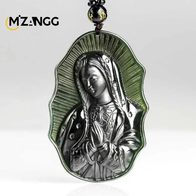 High-grade Natural Hetian Ink Jade Virgin Mary Pendant Seiko Carved Fashion Luxury Men's and Women's Necklace Mascot