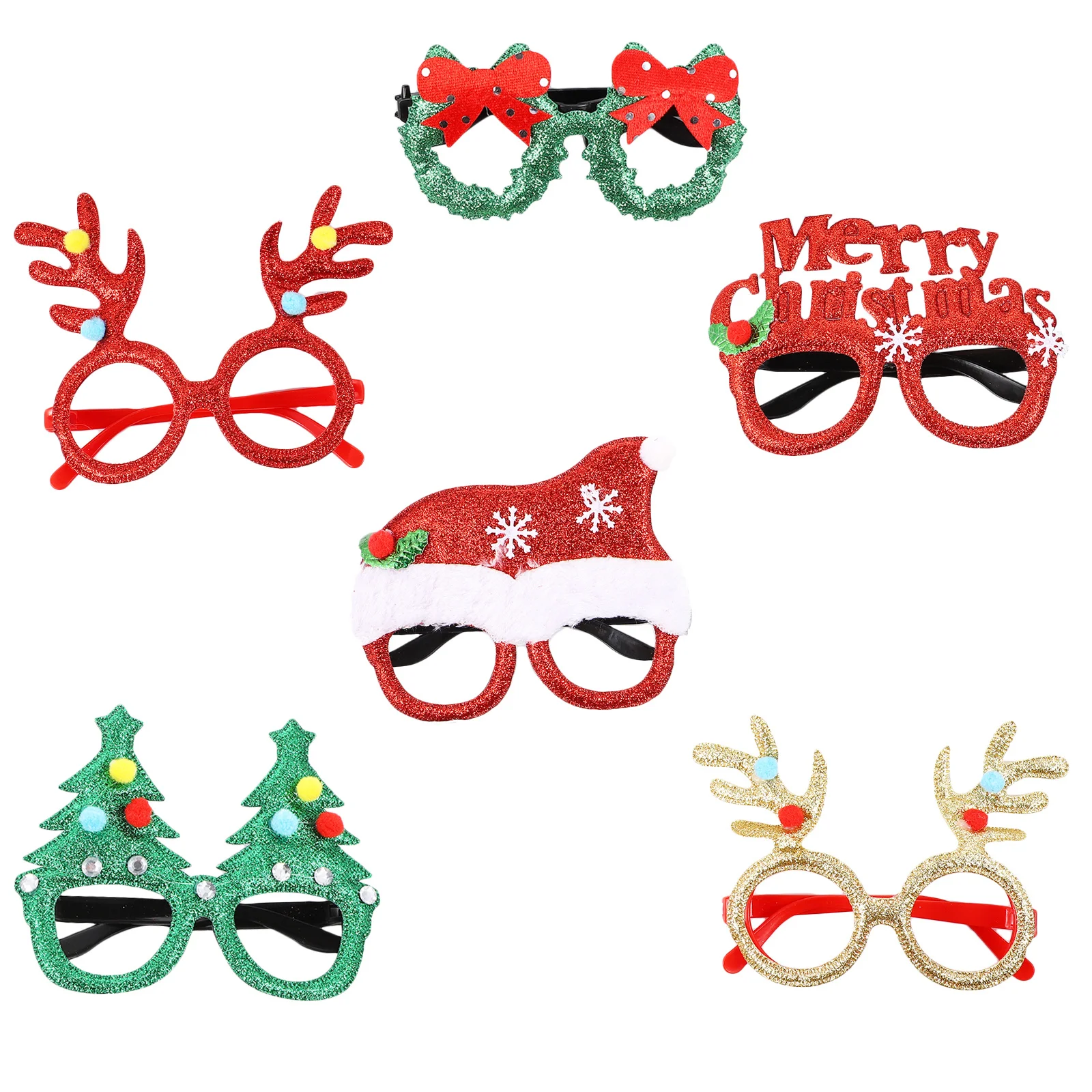 6Pcs Christmas Glasses Set Shiny Plastic Frame Assorted Colors Merry Christmas Reindeer Tree Santa Hat Design Party Accessory