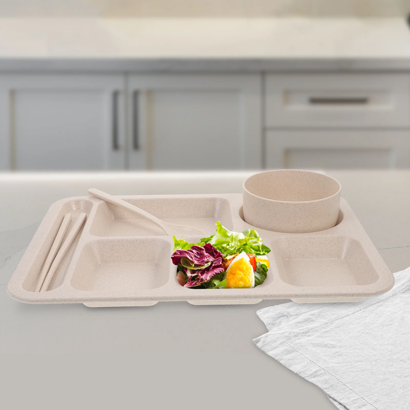 1 Set Fast Food Dinner Tray Set Creative Wheat Straw Bowl Shatter-Resistant Plates With Cutlery Dishwasher-Safe