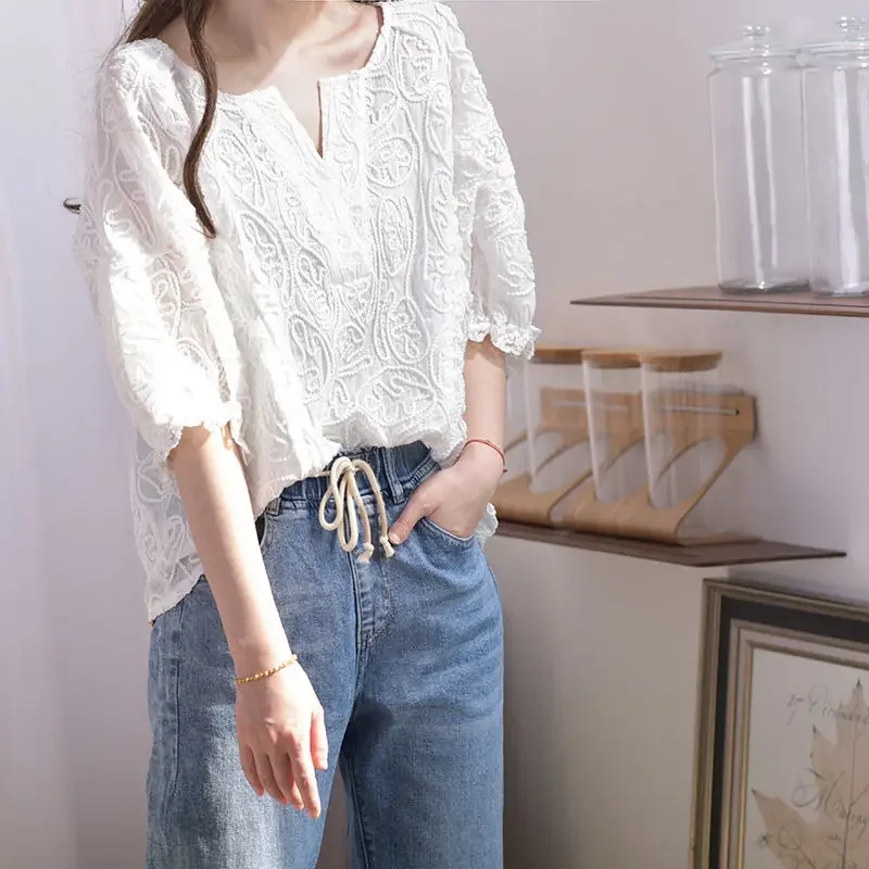 

Tops Woman Lace Baggy T Shirt for Women Short Sleeve Summer Outfit Korean Style Polyester 2024 High Quality Reviews Many Clothes