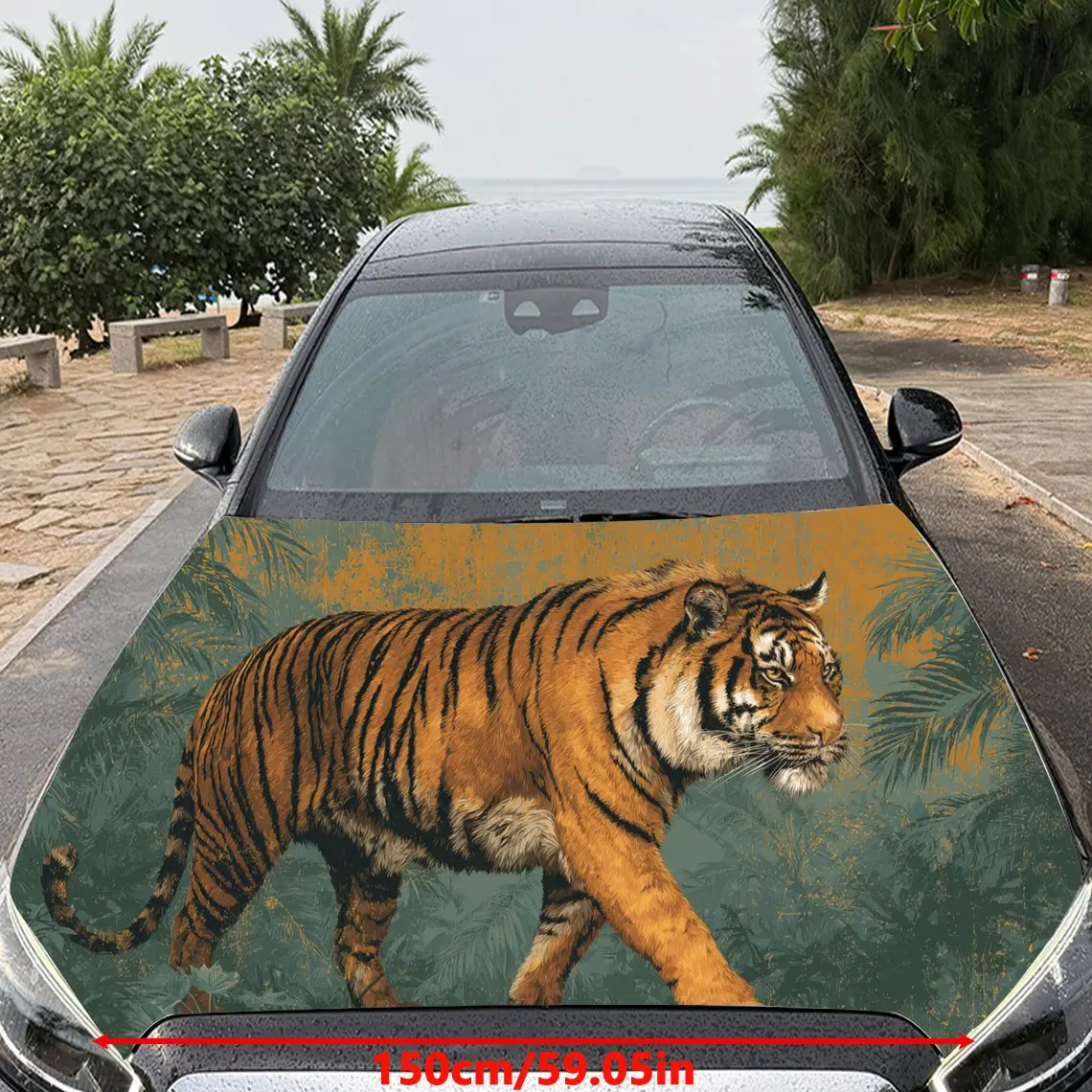Car Decal Tiger with Grassy Terrain Textured Motif in Artistic Wildlife-Commanding Style - Bold Terrestrial Dominant Fantasy Aes