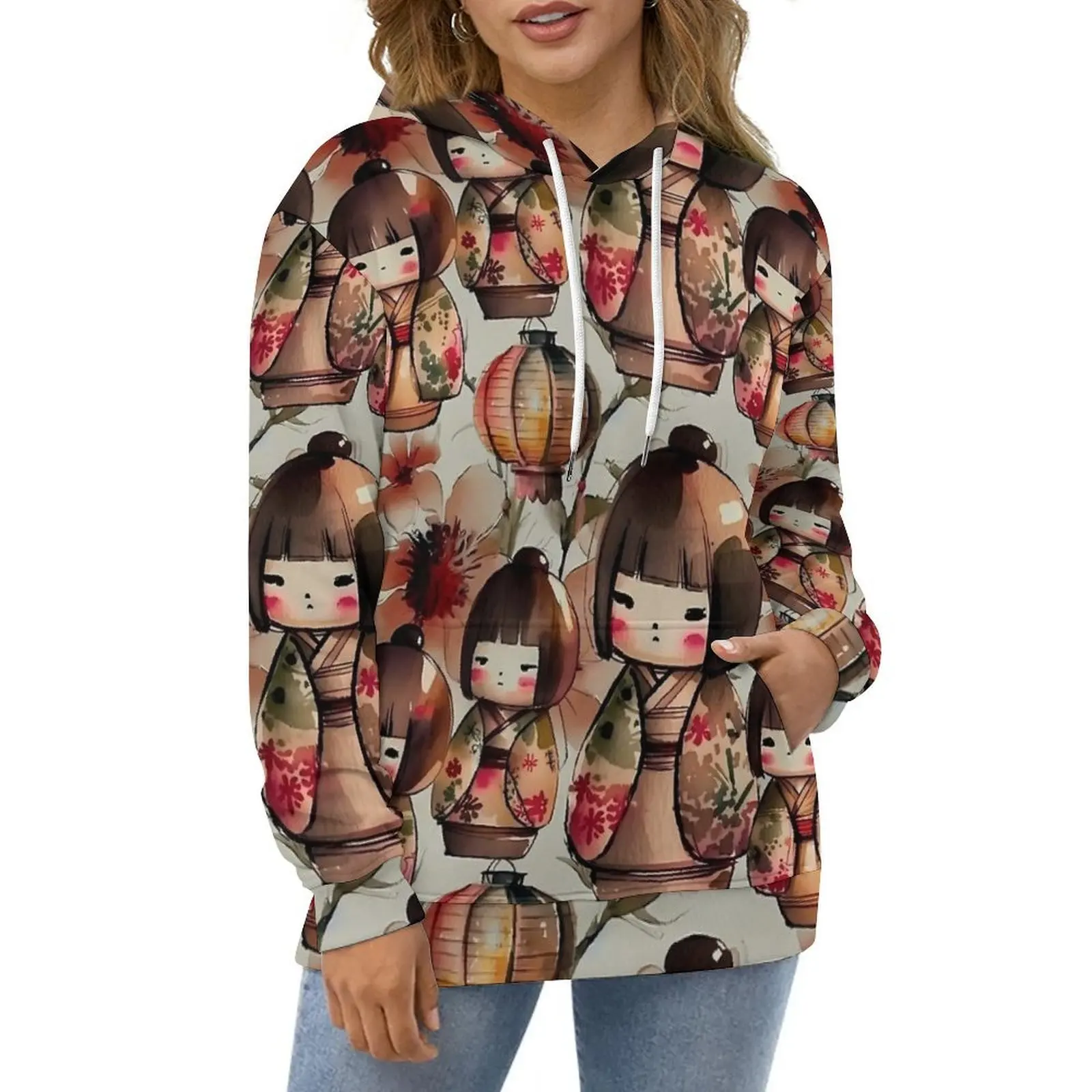 

Japanese Dolls Hoodies Kokeshi Dolls Hip Hop Casual Pullover Hoodie Long Sleeve Aesthetic Pattern Hooded Sweatshirts Large Size