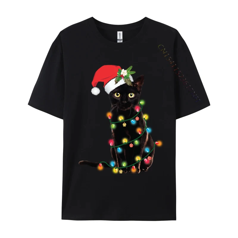 

Santa Black Cat Tangled Up In Christmas Tree Lights T-Shirt For Men Vintage Cotton Crew Neck Tshirt Adult Clothes