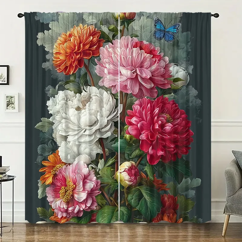 Bright floral butterfly curtains, pole-mounted installation. Suitable for living rooms, bedrooms, dining rooms and hotels.