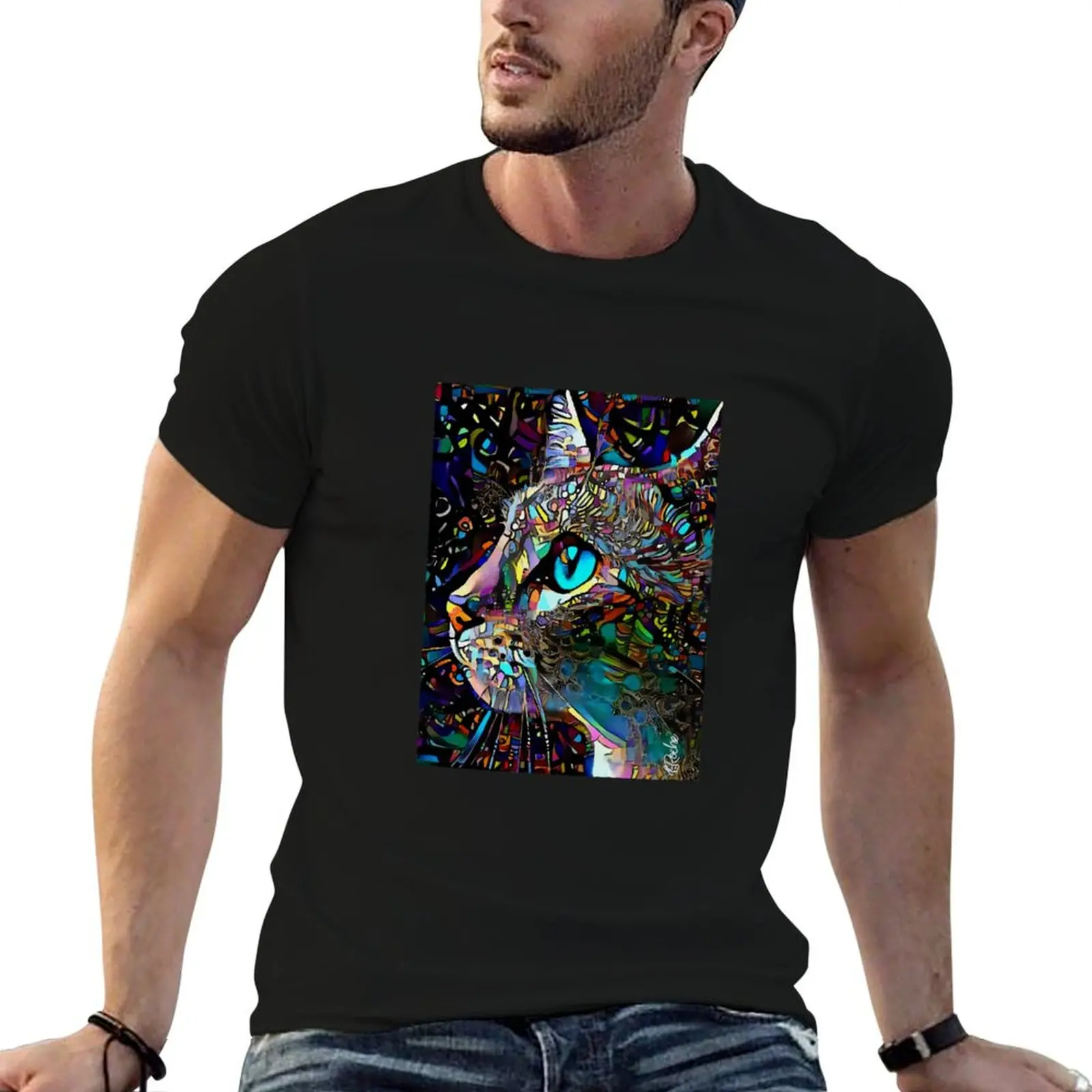 Mars chat - Peintures de Lea Roche - T-shirt chat, t-shirt homme, t-shirts graphiques, t-shirts en coton 100%, t-shirts amusants pour homme