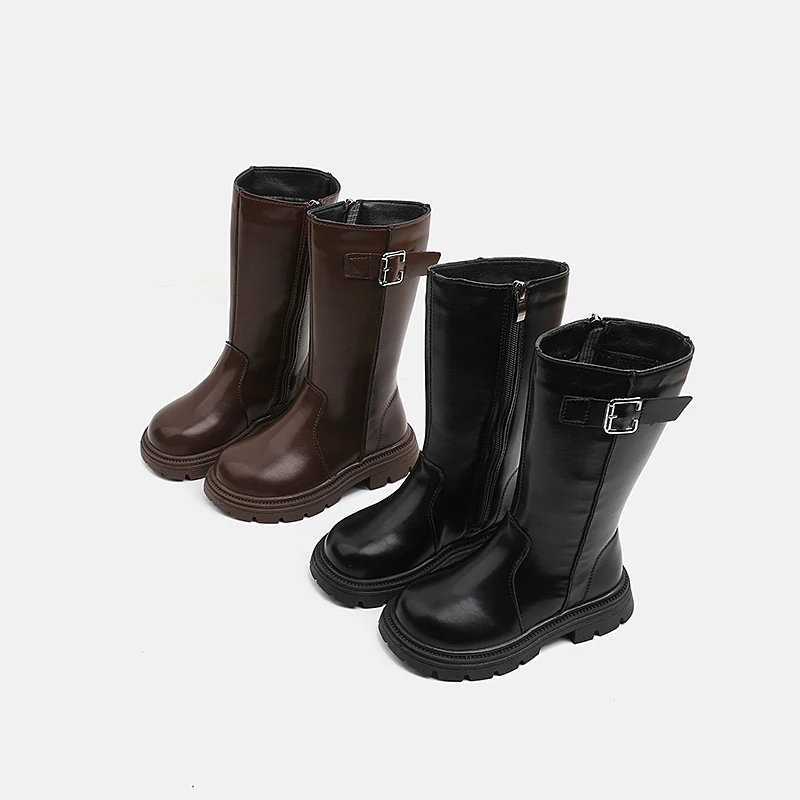 Little Girls Metal Buckle Mid‑Calf Riding Boots, PU Inner Zipper Thick Sole Fashion Kids Tall Boots