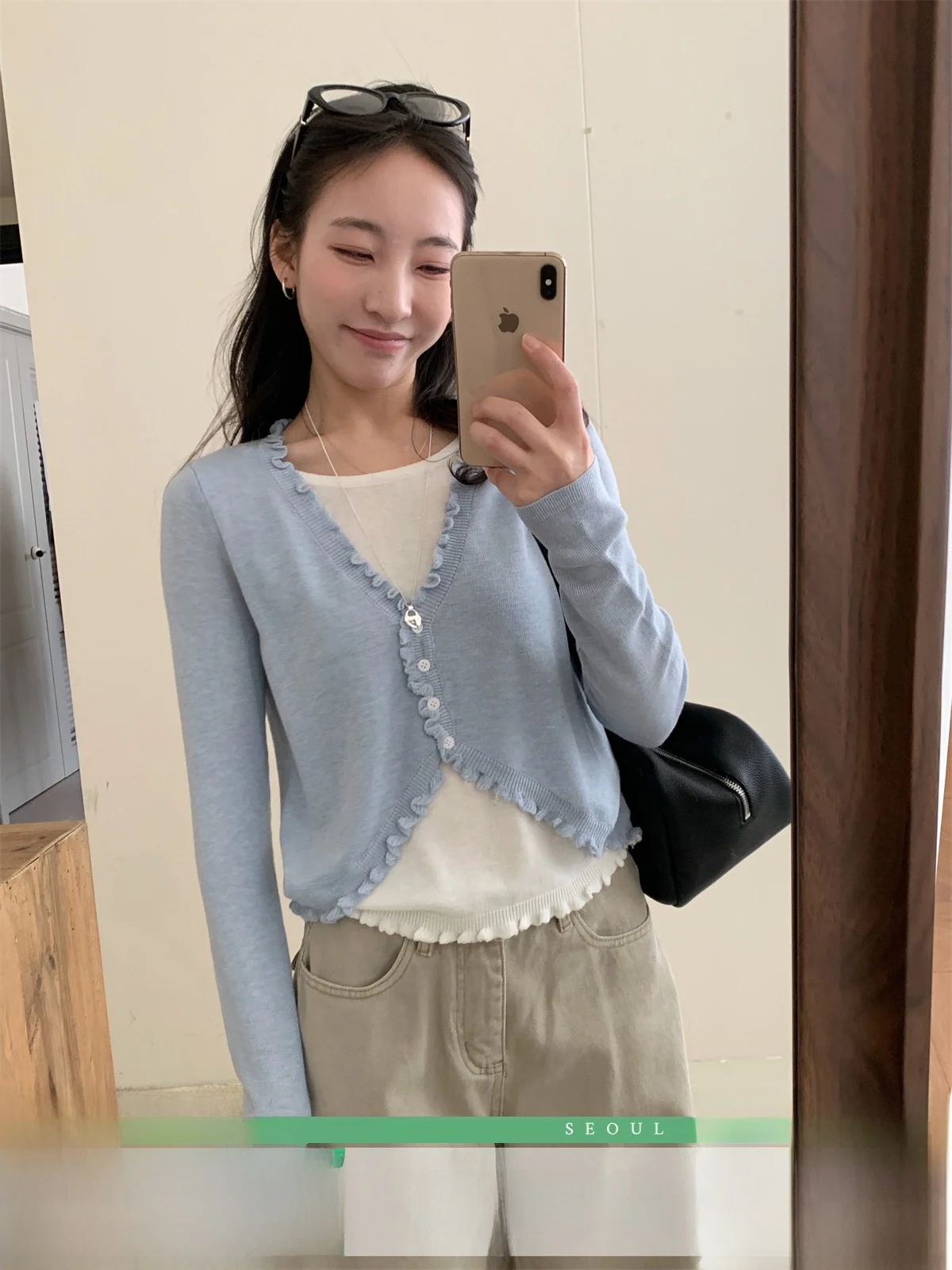 

Korean Design Fake Two-Piece Open Cardigan Women's Spring 2026 New Simple Pure Color Layering Long Sve T-irt Loose Fit S...
