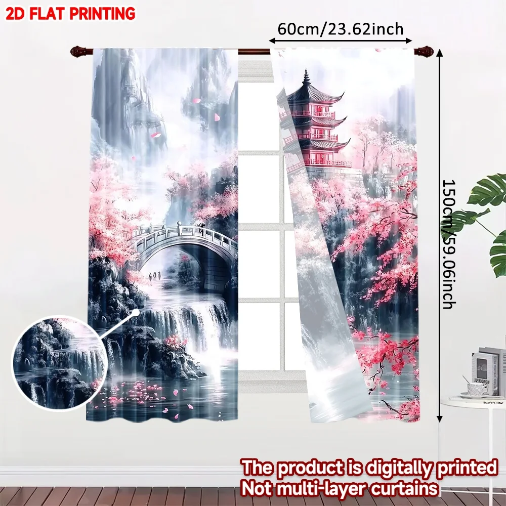 2D flat printing 2pcs Curtain Curtain Cherry Blossom Pagoda Scene Digital Printed Polyester Drapes Festive Curtains Use for All